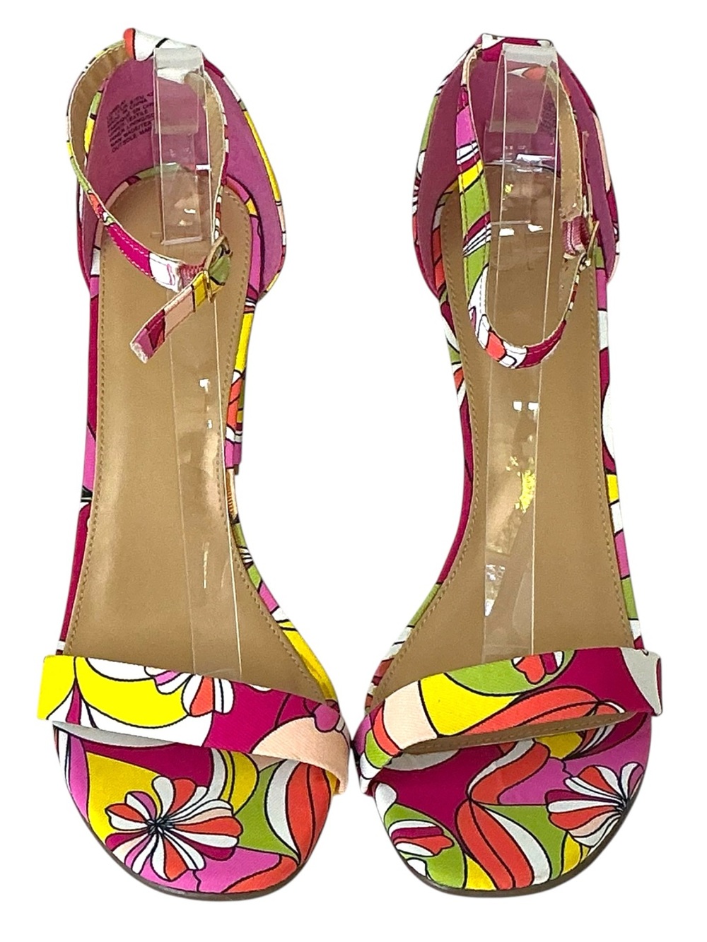 JustFab Sandal Block Heel Bold Floral Lorelai 4” High Heel Pink Green Size 11 - Picture 7 of 16